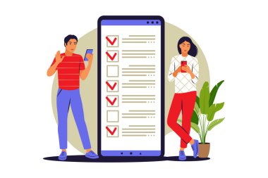 Liste konsepti için. İnsanlar telefonda yapılacaklar listesinin yanında duruyor. Vektör çizimi. Düz.