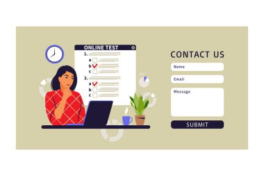 Konsept çevrimiçi test, e-öğrenme, bilgisayarda inceleme. Bizimle temas kurun. Vektör çizimi. Düz