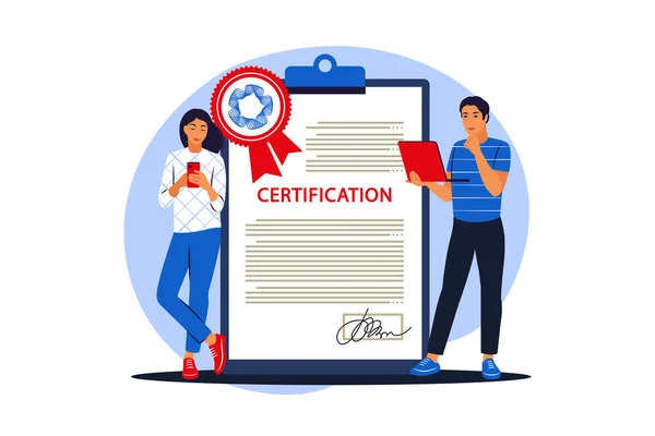 Certificato aziendale e concetto di sviluppo. Giovani donna e uomo in piedi vicino a enorme certificato con timbro ufficiale. Illustrazione vettoriale. Piatto — Vettoriale Stock