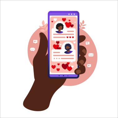Sosyal ağlar, sohbet, flört uygulamaları. Online randevu uygulaması kullanıcıları için vektör illüstrasyonu. Düz çizim Afrikalı erkek ve kadın tanışıklığı sosyal ağda. Düz olarak vektör illüstrasyonu.