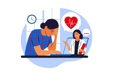 Doktor randevusu. Online danışmanlık. Modern sağlık teknolojileri. Laptop ekranında kadın doktorla konuşan bir kadın. Vektör çizimi. Düz