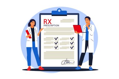 Rx tıbbi reçete. Doktorlar reçete yazar. Vektör çizimi. Düz.