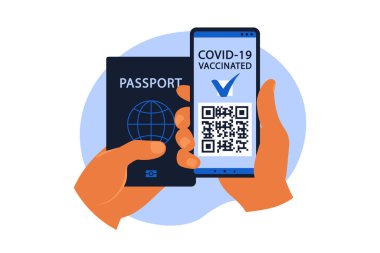 Elektronik COVID 19 pasaport konsepti. Aşılanan kişi, salgın sırasında güvenli yolculuk için cep telefonunda QR kodu kullanıyor. Vektör çizimi. Düz.