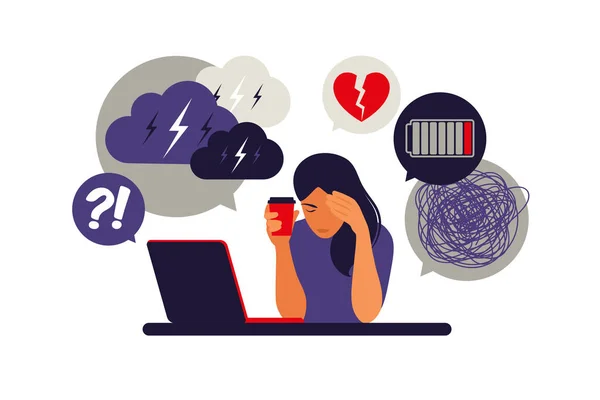 Žena v depresi se zmatenými myšlenkami v hlavě. Mladá smutná dívka sedící u laptopu. Vektorová ilustrace. Flat. — Stockový vektor