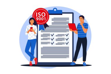 İnsanlar kalite kontrolde standardı sever. Iso 9001 standardı. Uluslararası sertifika konsepti. Vektör çizimi. Düz