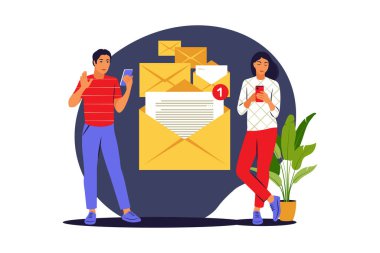 E-posta ve mesajlaşma. Yeni e-posta mesajı. Vektör çizimi. Düz