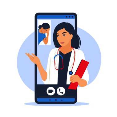 Online doktor konsepti. Doktor randevusu. Modern sağlık teknolojileri. Vektör çizimi. Düz