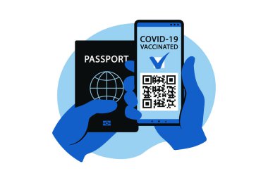 Elektronik COVID 19 pasaport konsepti. Aşılanan kişi, salgın sırasında güvenli yolculuk için cep telefonunda QR kodu kullanıyor. Vektör çizimi. Düz.
