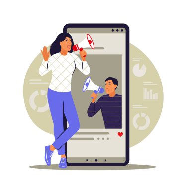 Mobil pazarlama konsepti. E-ticaret, internet reklamcılığı, promosyon. Vektör çizimi. Düz.