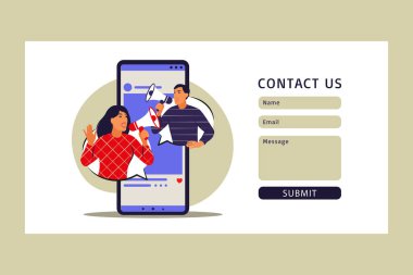 Mobil pazarlama konsepti. Bizimle temas kurun. E-ticaret, internet reklamcılığı, promosyon. Vektör çizimi. Düz.