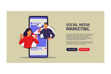 Mobil pazarlama konsepti. İniş sayfası. E-ticaret, internet reklamcılığı, promosyon. Vektör çizimi. Düz.