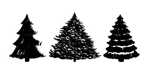 Croquis à la main sapin de Noël. Ensemble d'arbres de Noël dessinés. Illustration vectorielle. Plat — Image vectorielle