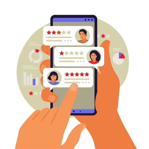 Online reviews concept. Star rating. Feedback concept. Bubble speeches on mobile phone. Vector illustration. Flat. — 图库矢量图片