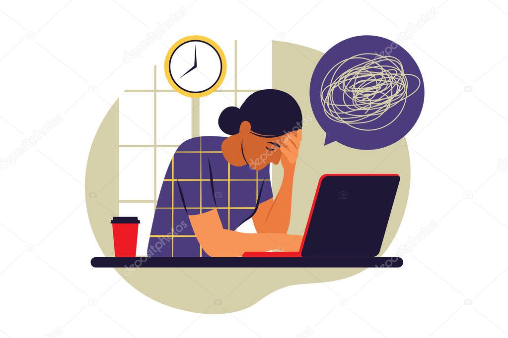 Woman in depression with bewildered thoughts in her mind. Young sad girl sitting at laptop. Vector illustration. Flat .