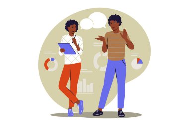 Konsepti not alıyorum. Afrikalı kadın not alıyor. Vektör çizimi. Düz.