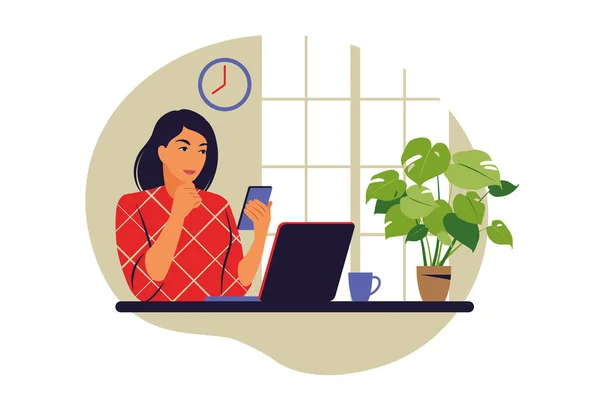 Telecommuting concept. Freelancer working from home. Vector illustration. Flat. — Vettoriale Stock