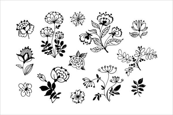 Handgetekende bloemenvector met bladeren, bloemen en takken. Vector set van doodle bloemen. Vector illustratie. Vlak. — Stockvector