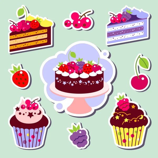 Color set of cakes and cupcakes, piece of cake. Set stickers. — Stock Vector