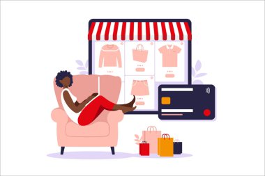 İnternetten alışveriş yapan Afrikalı Amerikalı bir kadın. Vektör çizimi. İnternetten ödeme. Banka kredi kartı. Dijital ödeme teknolojisi. E-ödeme. Düz stil modern vektör illüstrasyonu.