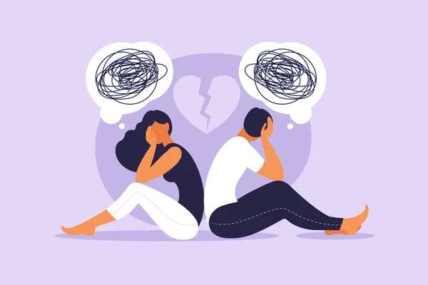 Man and a woman in a quarrel. Conflicts between husband and wife. Two characters sitting back to back, disagreement, relationship troubles. Concept of divorce, misunderstanding in family. Vector. — Stock Vector