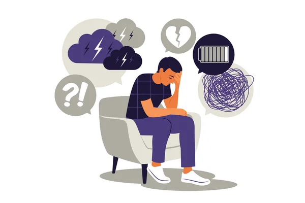 Depressed sad man thinking over problems. Bankruptcy, loss, crisis, burnout syndrome, relationship trouble concept. Vector illustration. Flat. — Stock Vector