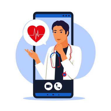Online doktor konsepti. Doktor randevusu. Modern sağlık teknolojileri. Vektör çizimi. Düz