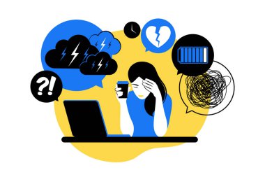 Kafasında şaşkın düşüncelerle bunalımda olan bir kadın. Genç üzgün kız dizüstü bilgisayarında oturuyor. Vektör çizimi. Düz.