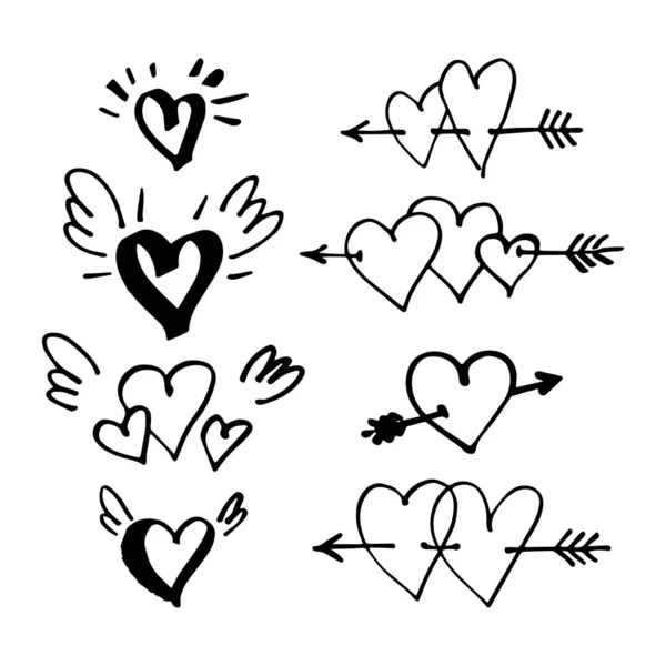 Hand drawn hearts with little wings and pierced with arrow. Symbol of love. Doodle style Valentines day illustration. Vector. — Stock Vector