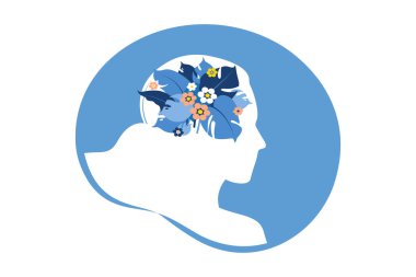 Akıl sağlığı, mutluluk, uyum kavramı. İçinde çiçekler olan mutlu bir kadın kafası. Farkındalık, pozitif düşünce, kişisel bakım fikri. Vektör çizimi. Düz.