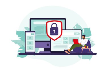 Bilgisayar verilerini koruma kavramı. Genel veri güvenliği. Kişisel bilgi koruması. Vektör çizimi. Düz.