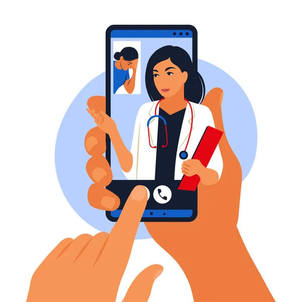 Online dokter dan konsep konsultasi medis. Dokter wanita membantu pasien dengan telepon genggam. Aplikasi mobile. Vektor ilustrasi. Datar. - Stok Vektor