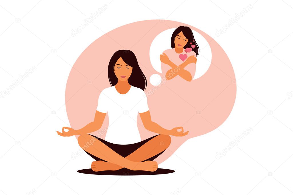 Mental health concept. Girl meditation. Love yourself. Inner harmony with yourself. Vector illustration. Flat
