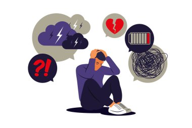 Bunalımlı üzgün adam problemleri düşünüyor. İflas, kayıp, kriz, tükenme sendromu, ilişki sorunları konsepti. Vektör çizimi. Düz.