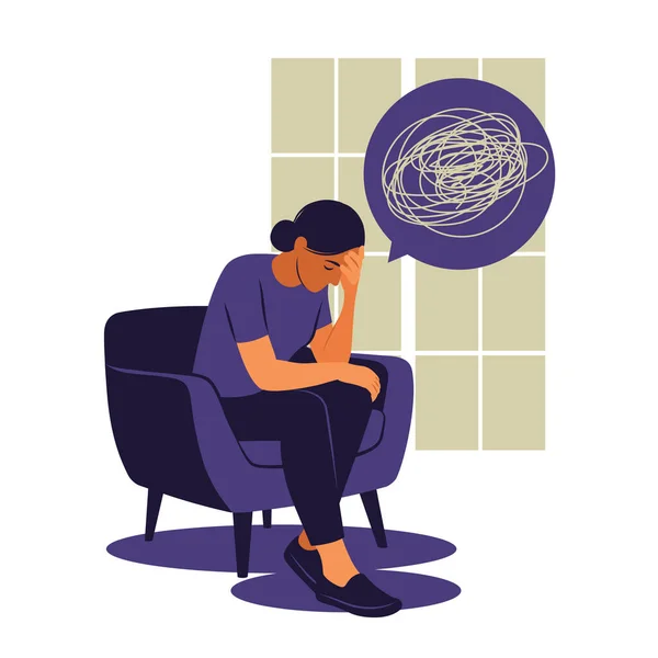 Depressed sad woman thinking over problems. Bankruptcy, loss, crisis, trouble concept. Vector illustration. Flat style — Stock Vector