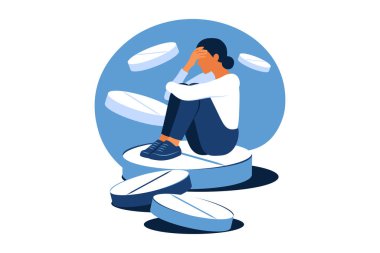 Hastalık ya da bozukluk tedavisi kavramı. Antidepresan kavramı. Depresyondaki kadın büyük bir hapın üzerinde oturuyor. İlaçlar. Düz. Vektör illüstrasyonu.