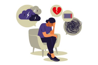 Sıkıntılı üzgün kadın sorunları düşünüyor. Depresyon bozukluğu: anksiyete, kriz, gözyaşı, yorgunluk, kayıp, fazla çalışma, yorgun. Vektör. Düz