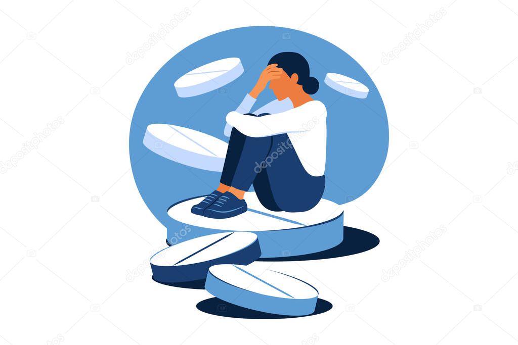 Concept of medication treating illness or disorder. Concept of antidepressants. Depressed woman is sitting on big pill. Medicine. Flat. Vector illustration.
