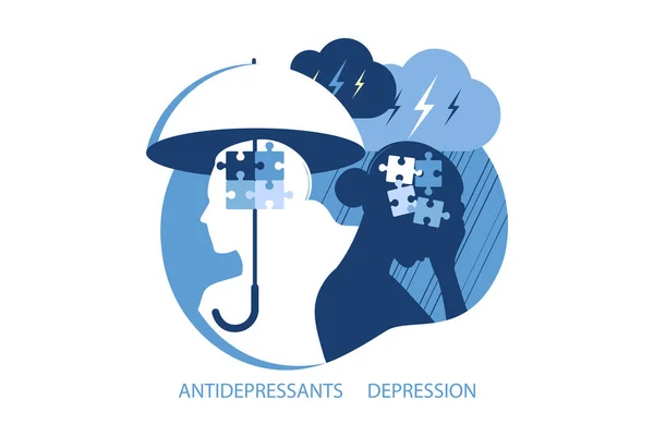 Mental health, antidepressants and depression psychology concept. Two woman different states of consciousness mind - depression and positive mental health mood. Vector illustration. Flat — Stock Vector