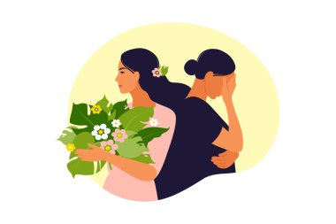Psikoterapi ya da psikoloji destek konsepti. İki farklı kadın bilinç durumu - depresyon ve olumlu ruh sağlığı durumu. Vektör çizimi. Düz