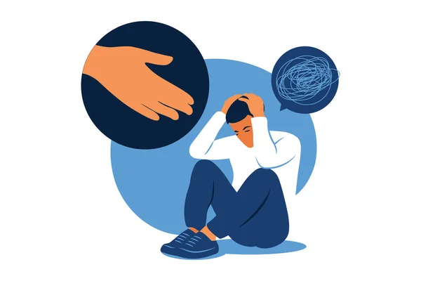 Concept of mental disorder, sorrow and anxiety. Human hand helps. Sad lonely man in depression. Vector illustration. Flat. — Stock Vector