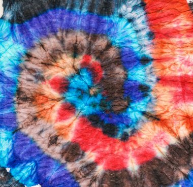 Bright Psychedelic Kaleidoscope. Die Spiral Paint. Shibori Boho Colorful Paint. 1960s Psychedelic Kaleidoscope. Handmade Old Art. Red Decorate Denim Boho.