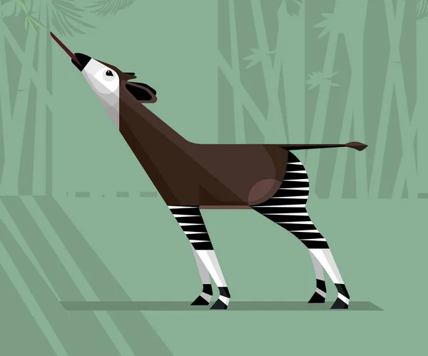 Bel Okapi Raggiunge Foglie Uno Sfondo Forestale Immagine Stilizzata Illustrazione — Vettoriale Stock