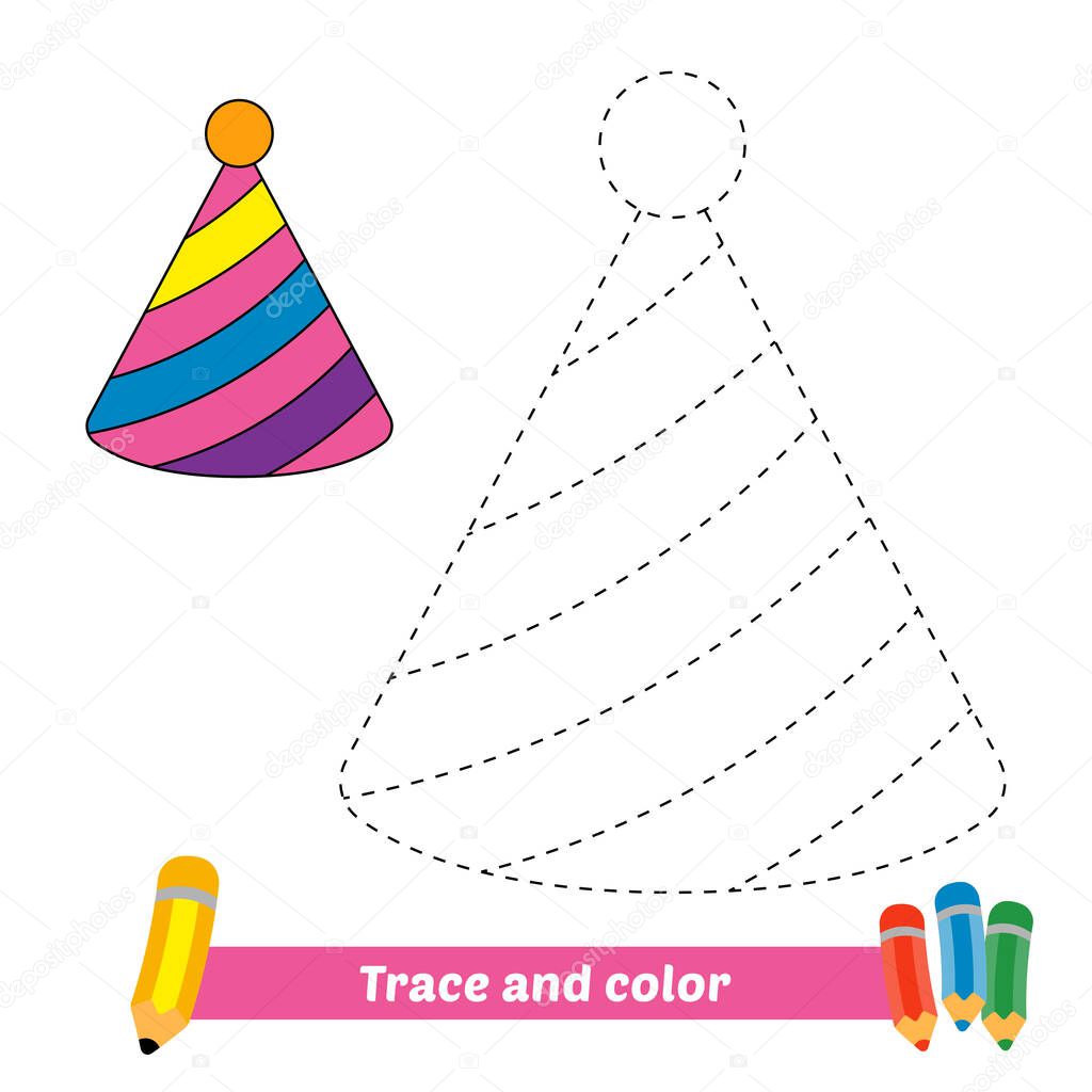 Trace and color for kids, cone hat vector