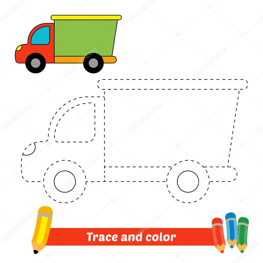 Trace and color for kids, truck vector