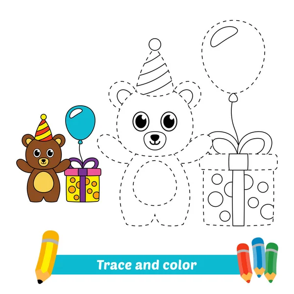 Trace Color Kids Bear Happy Birthday Vector — Vettoriale Stock