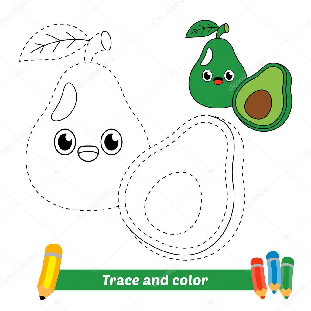 Trace and color for kids, avocado vector