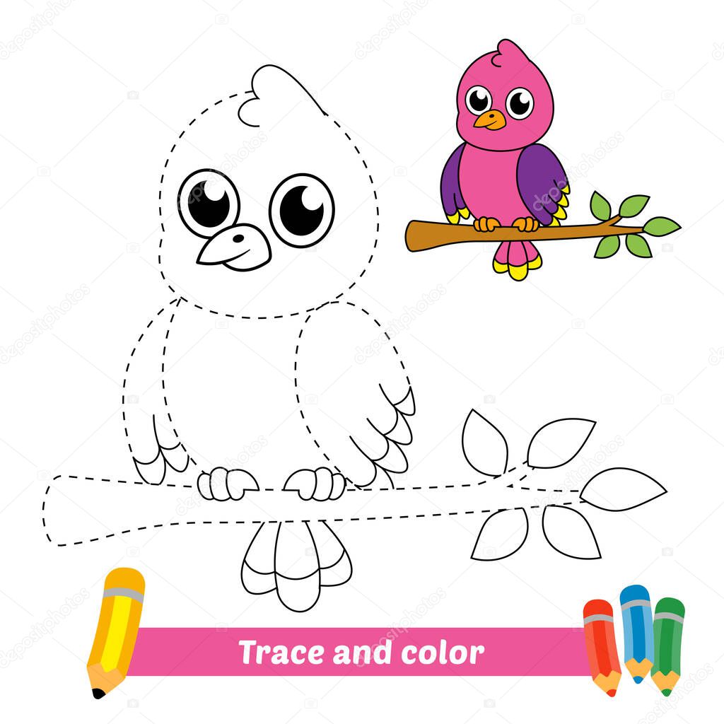 Trace and color for kids, bird vector