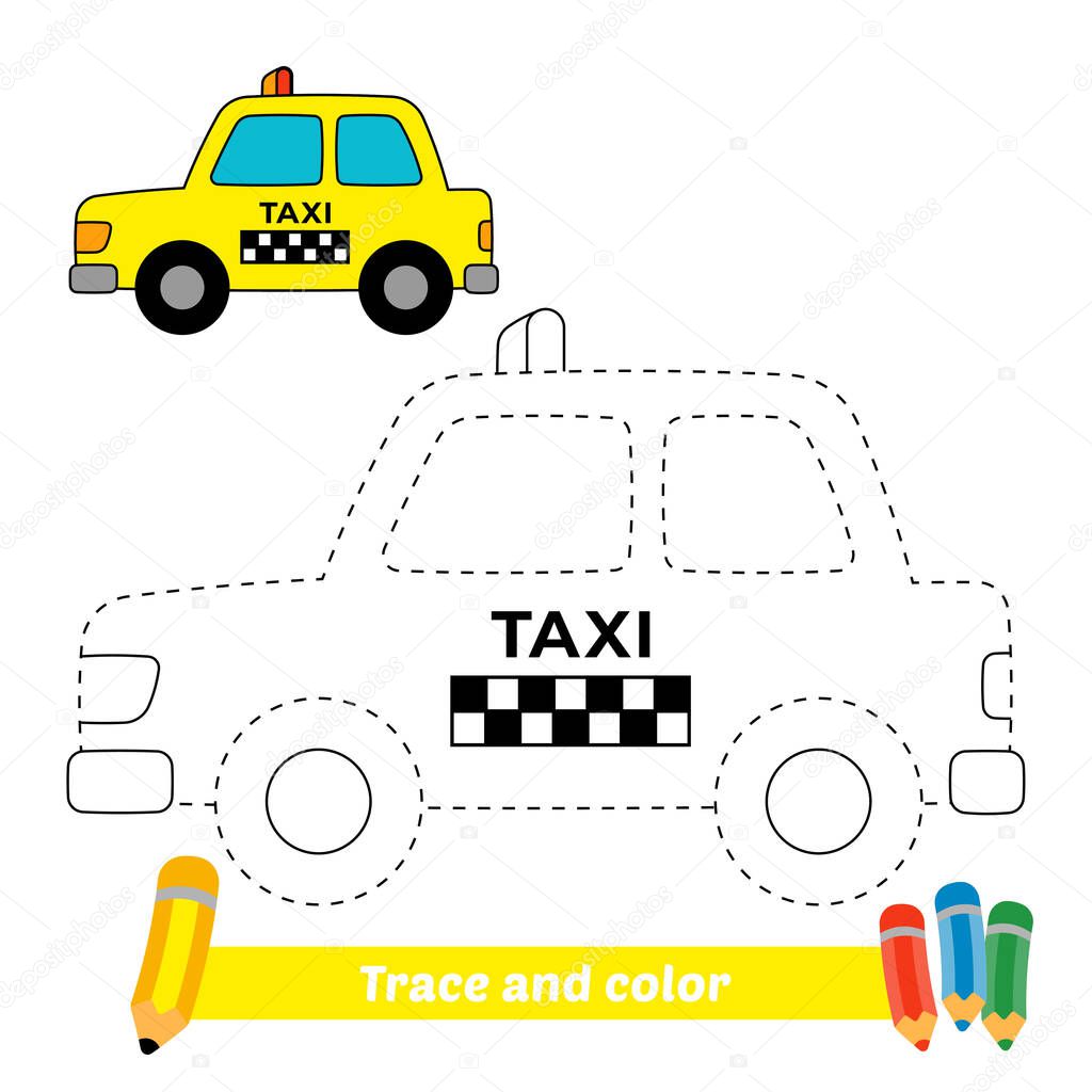 Trace and color for kids, taxi vector