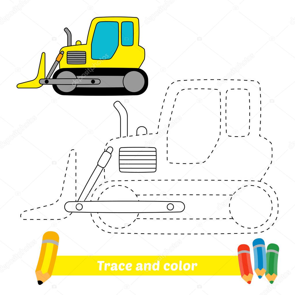 Trace and color for kids, bulldozer vector