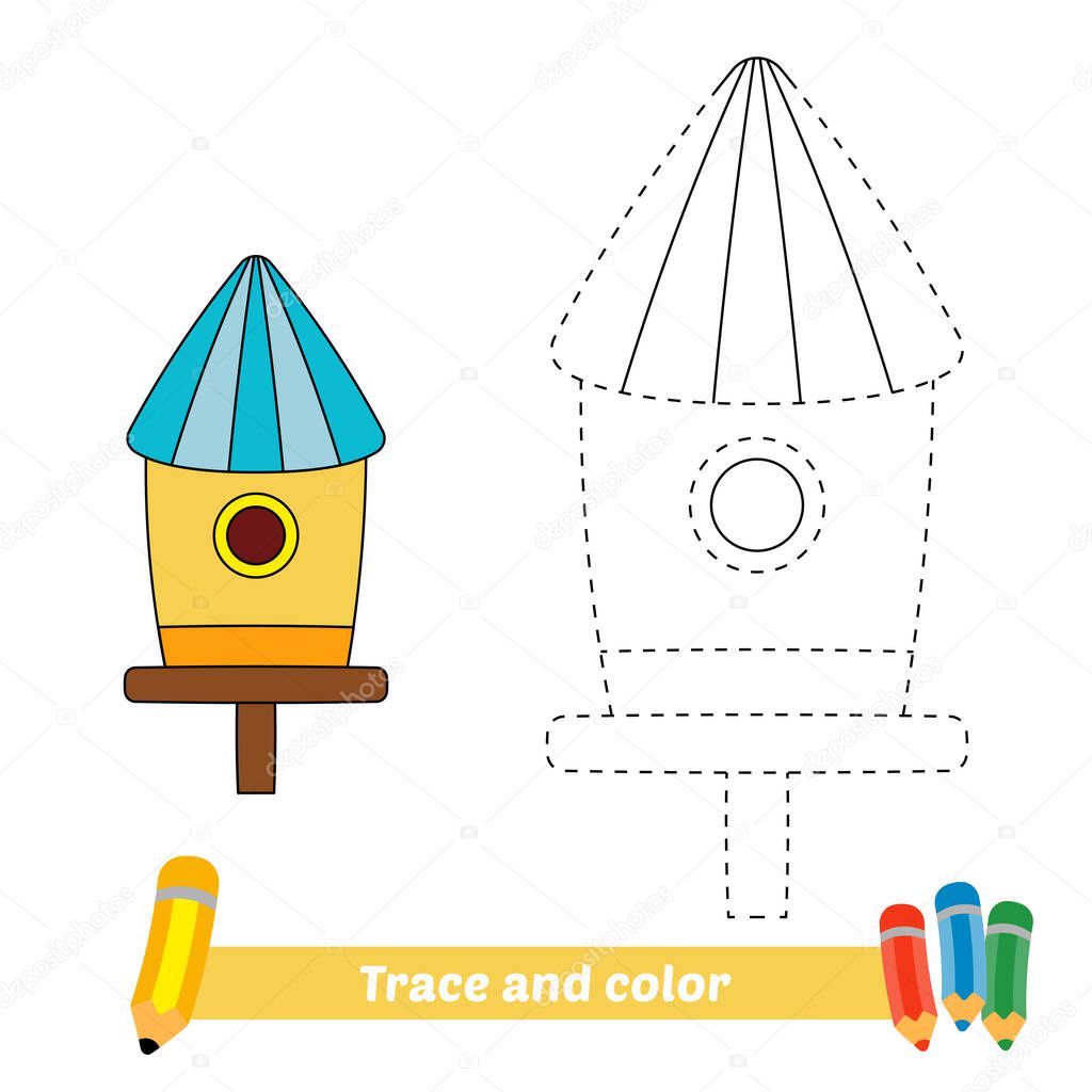 Trace and color for kids, bird house vector